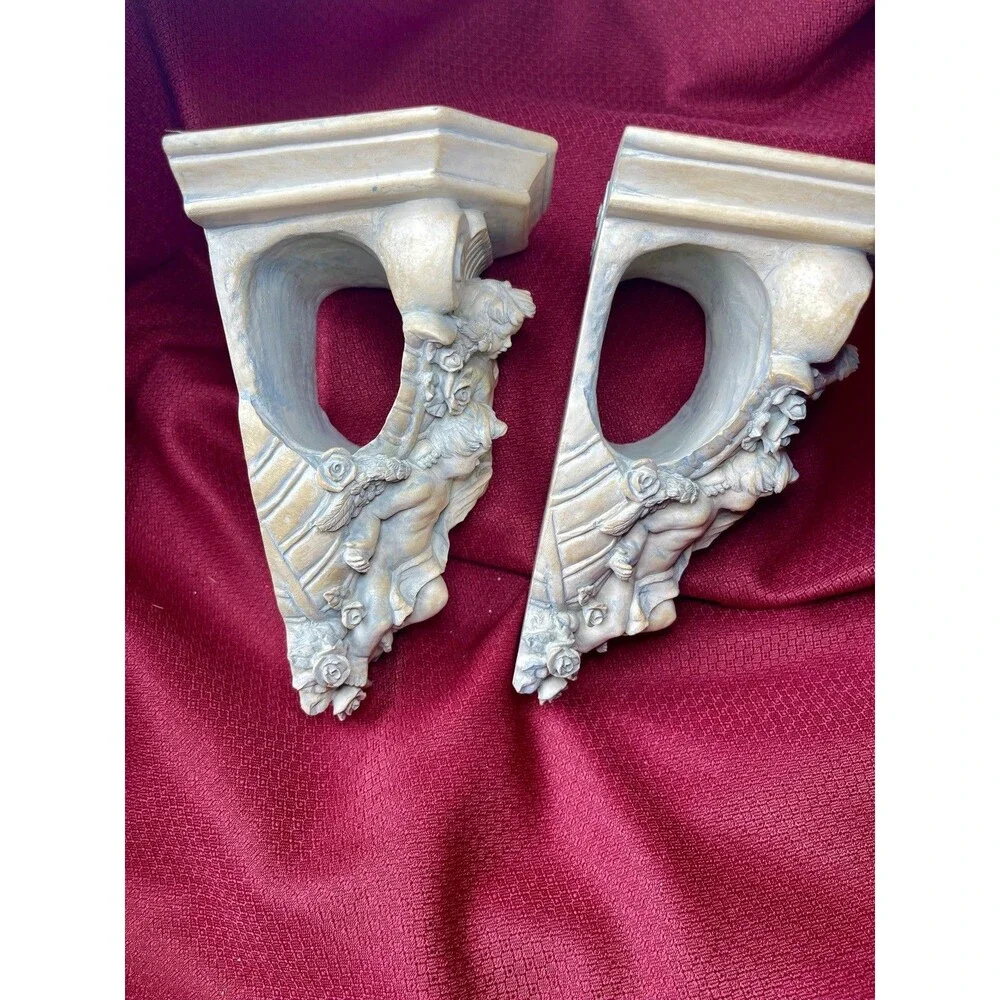 Pair of Gothic Corbels Ornate Baroque Floating Wall Shelves Curtain Rod Cherubs